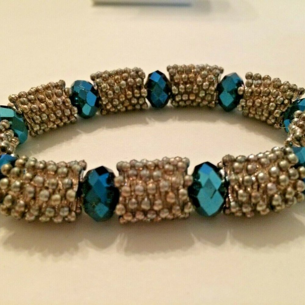 Beaded Crystal Stretch Bracelet Silver Blue A1035